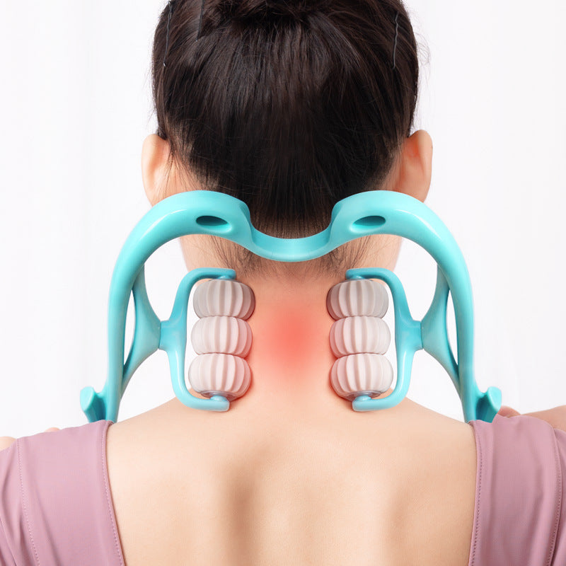 6-Roller Cervical Neck Massager with Natural Jade Scraping Tool