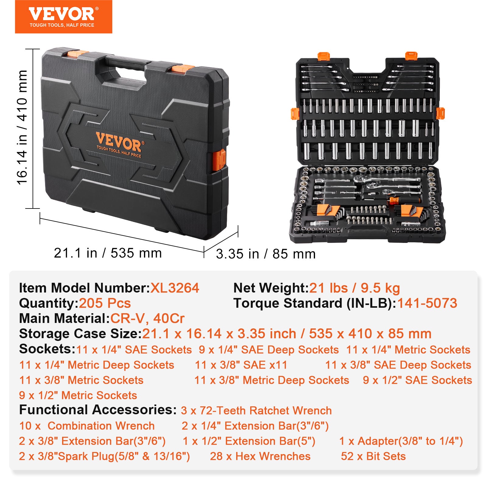 VEVOR 205-Piece Mechanics Tool & Socket Set
