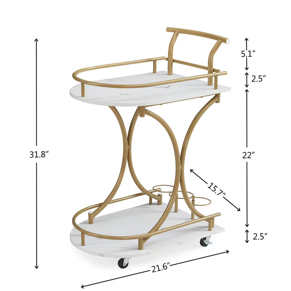 2-Tier Golden Bar Cart with Wine & Glass Rack