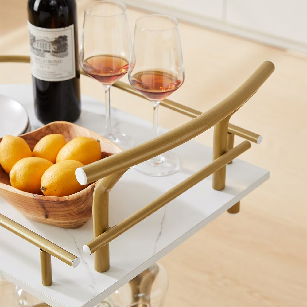 2-Tier Golden Bar Cart with Wine & Glass Rack
