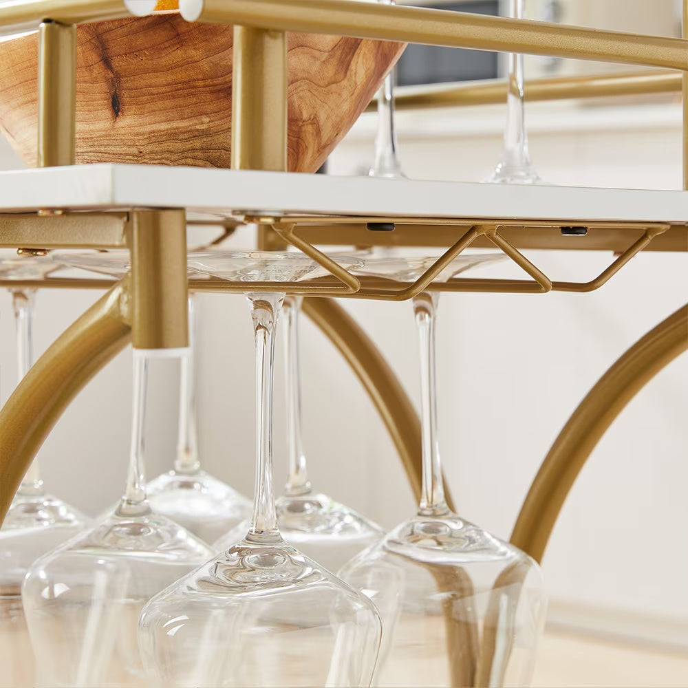 2-Tier Golden Bar Cart with Wine & Glass Rack
