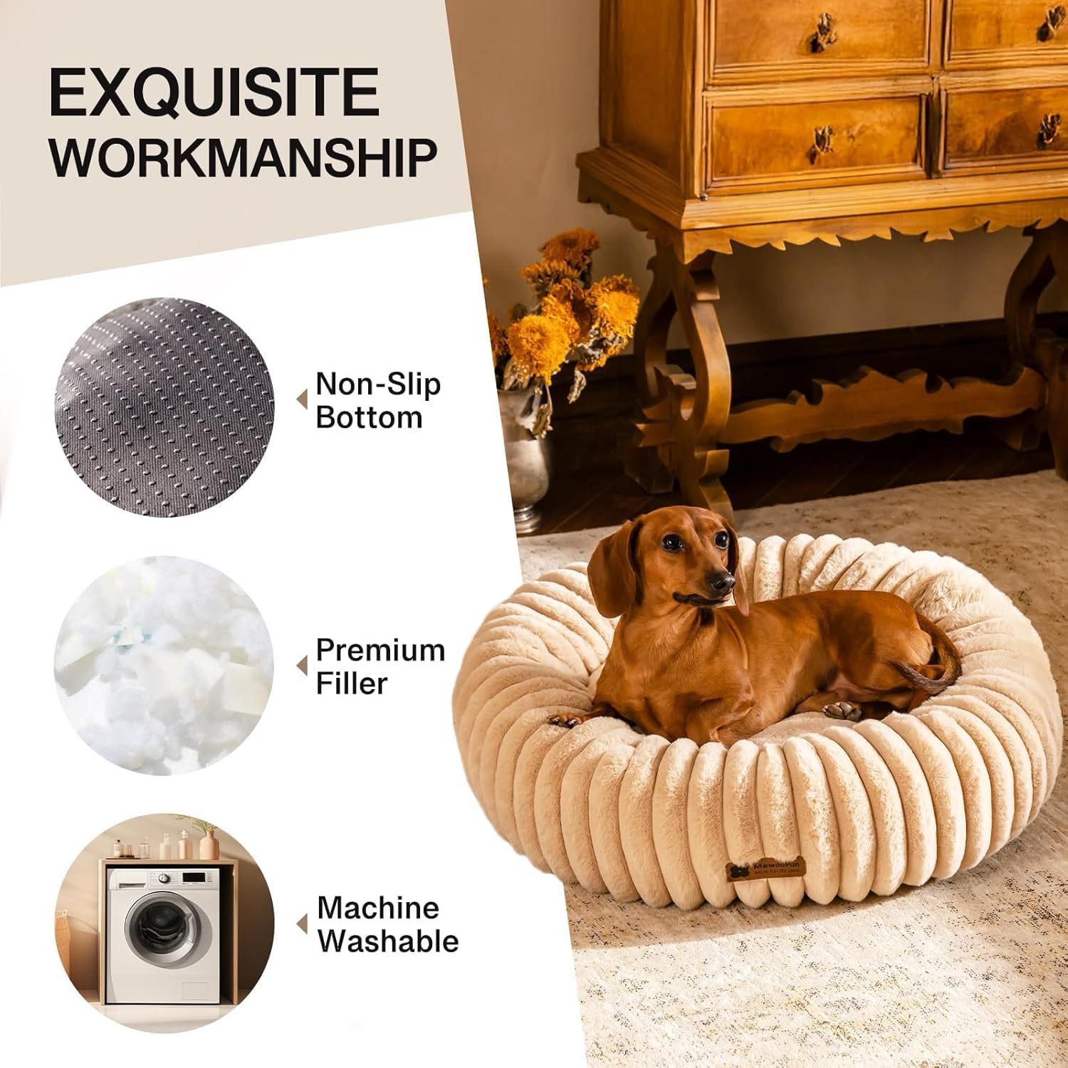Plush Donut Dog Bed with Raised Rim & Washable Cover