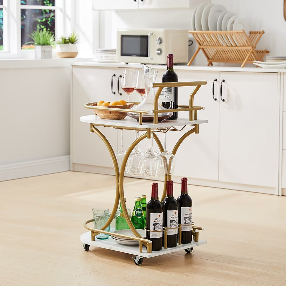 2-Tier Golden Bar Cart with Wine & Glass Rack