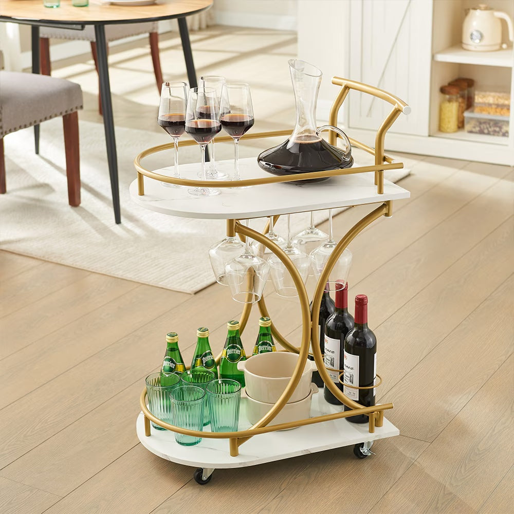 2-Tier Golden Bar Cart with Wine & Glass Rack
