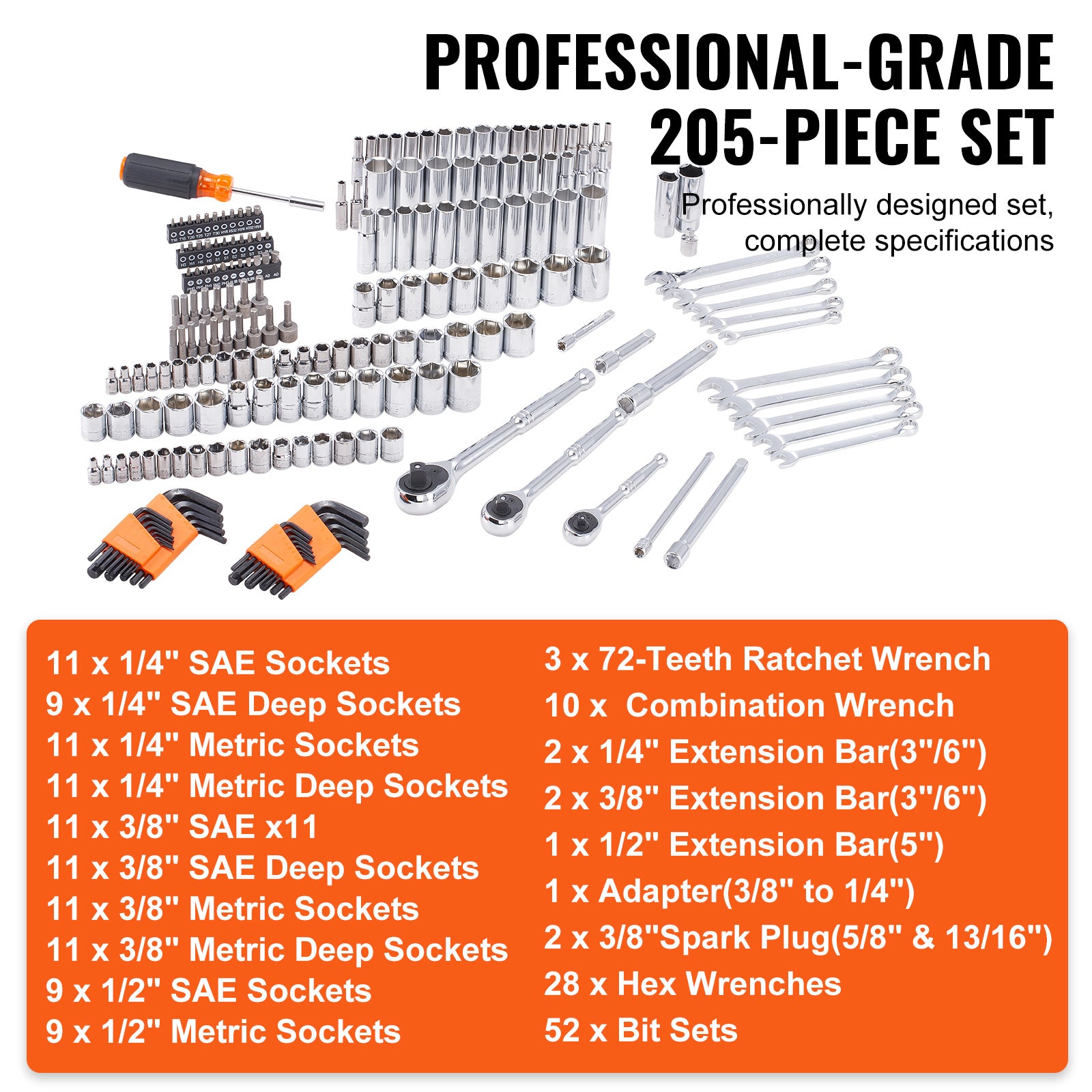 VEVOR 205-Piece Mechanics Tool & Socket Set