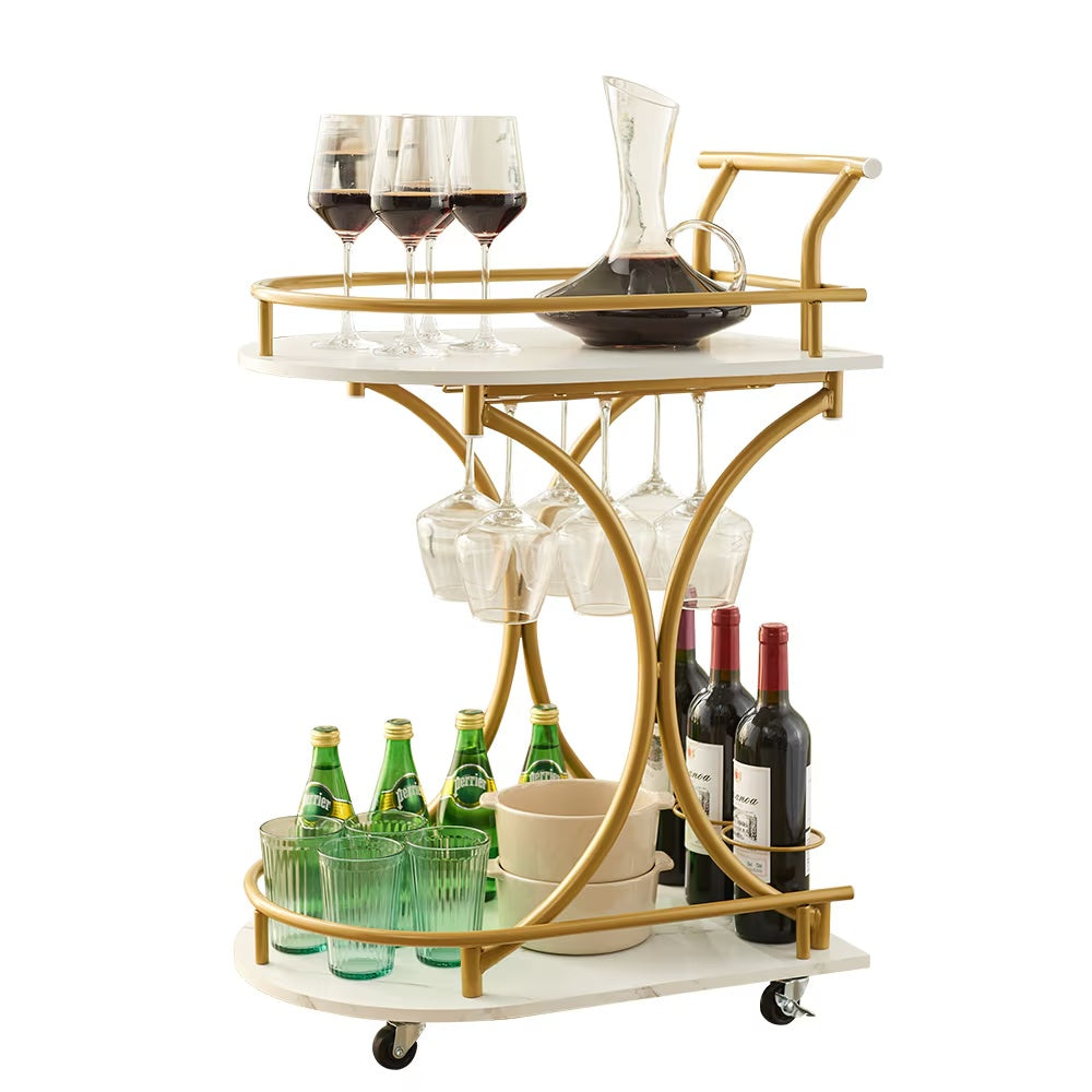 2-Tier Golden Bar Cart with Wine & Glass Rack