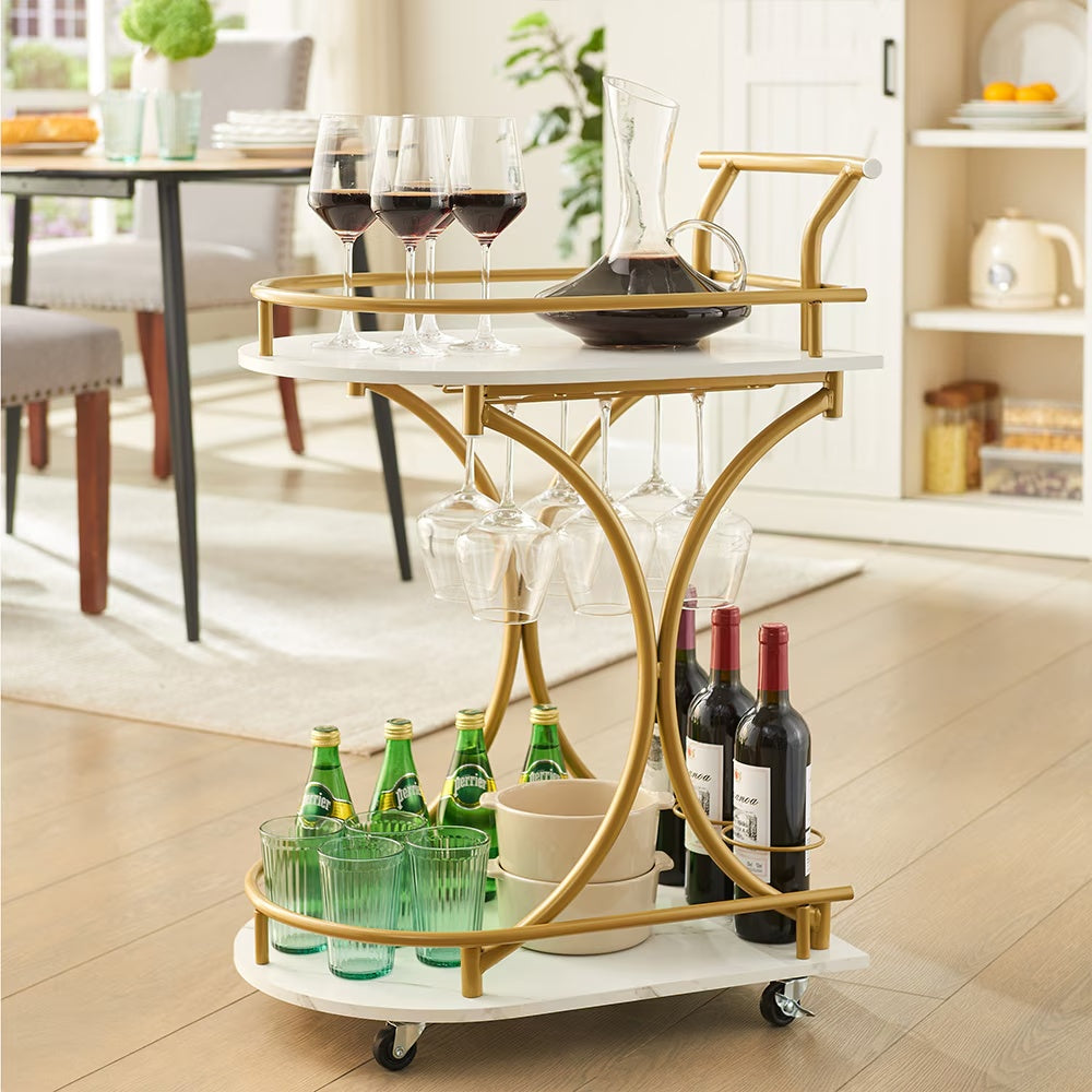 2-Tier Golden Bar Cart with Wine & Glass Rack
