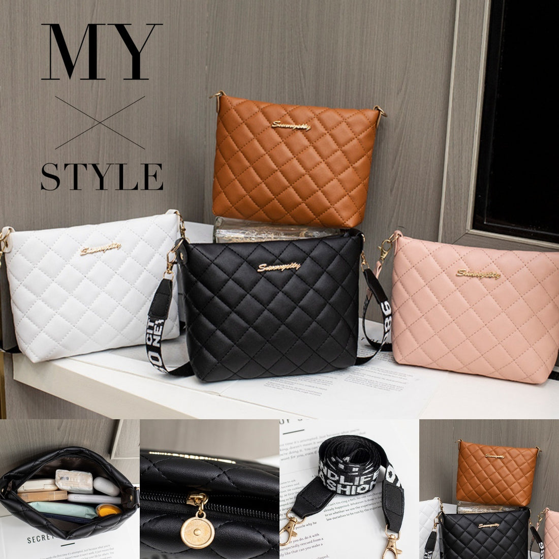 PU Leather Bucket Shoulder Bag with Diamond Grid Design