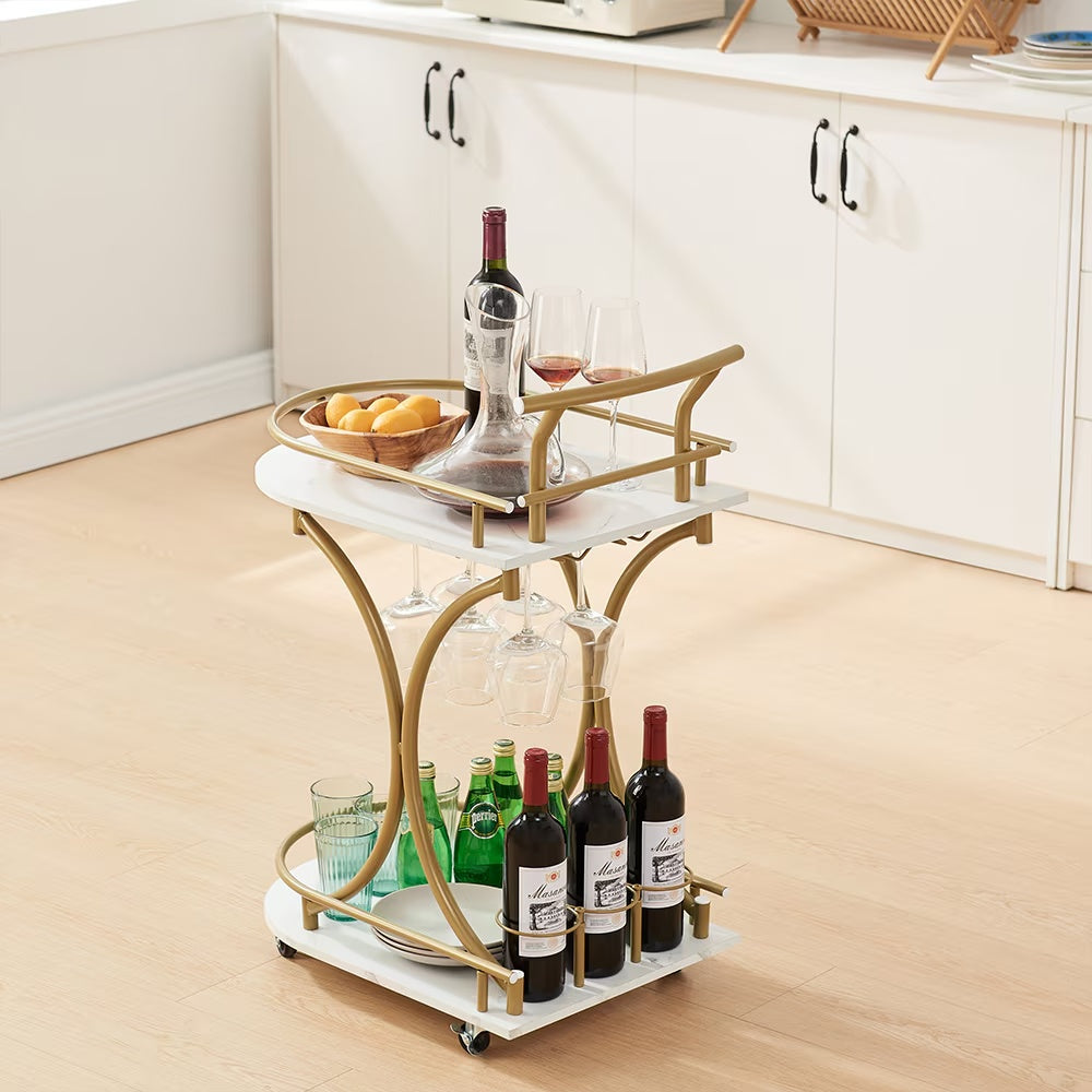2-Tier Golden Bar Cart with Wine & Glass Rack